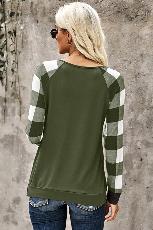 Plaid Splicing Sequined Pocket Long Sleeve Top